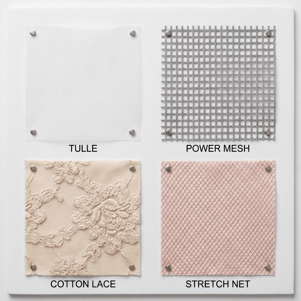 Four fabric swatches on a white display board: tulle, power mesh, cotton lace, and stretch net