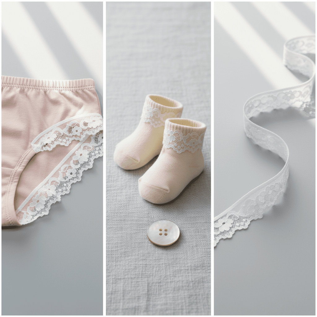 A lookbook triptych showing a 2.7cm delicate galloon lace trim used as an edge on women's briefs and baby socks