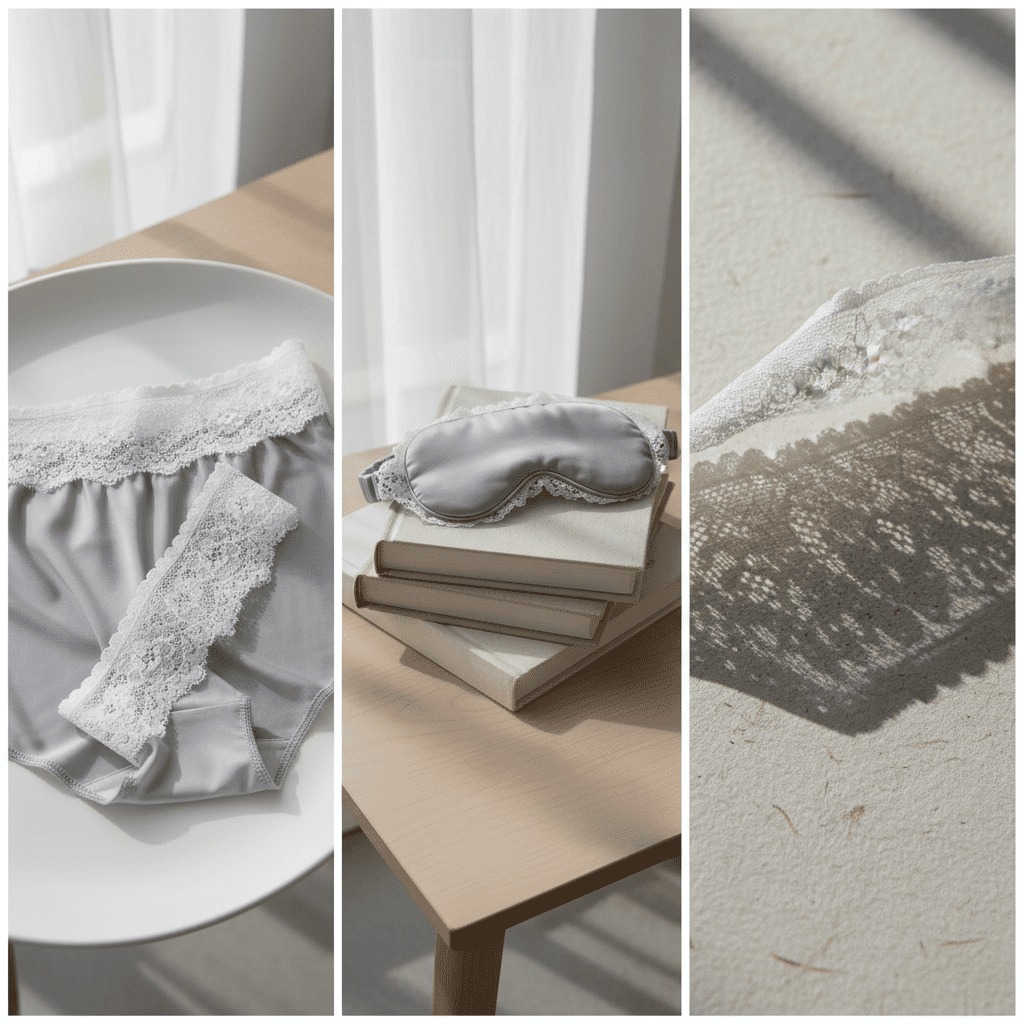 A high-end triptych showing a delicate stretch lace for lingerie used as a waistband and on a luxury silk sleep mask