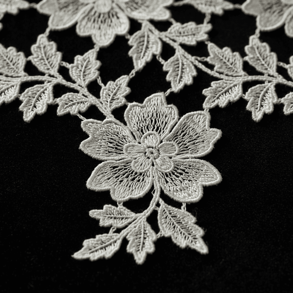 Guipure Venice lace fabric close up detail no mesh background