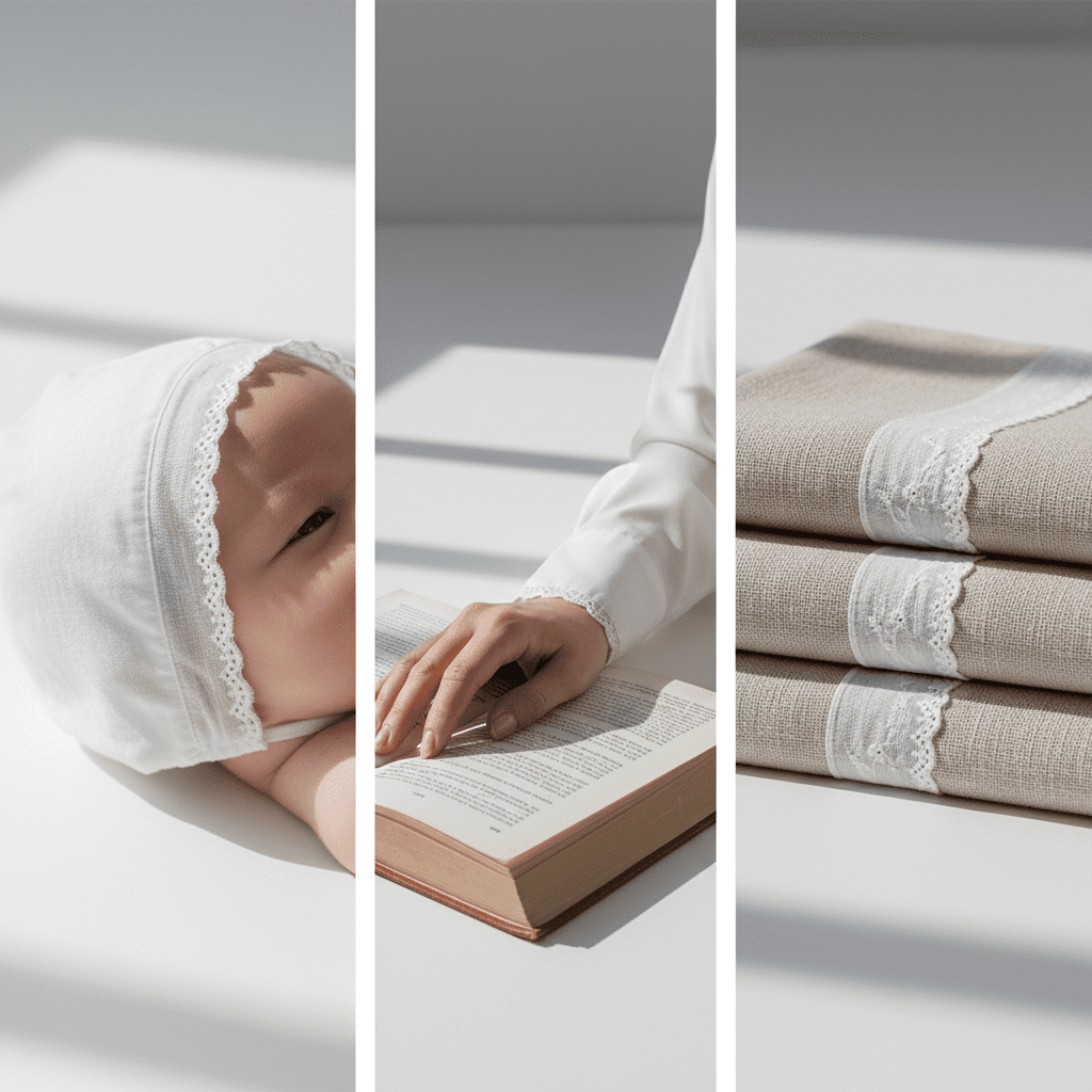 A triptych collage showing 3cm cotton lace edging used on a baby bonnet, a woman's blouse cuff, and a luxury linen towel.