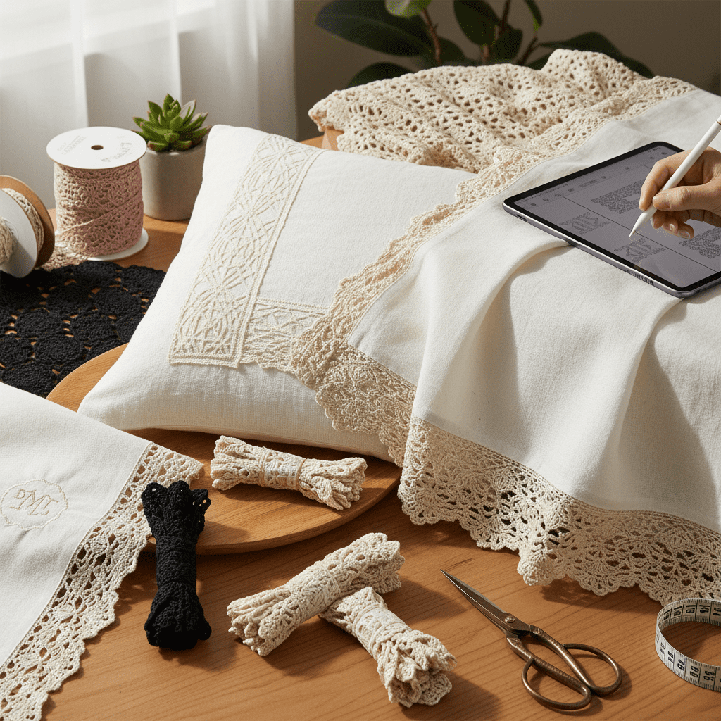 Flat lay of crocheted lace trims and home decor items, showcasing the expanding use of lace in the maker economy and home textiles.