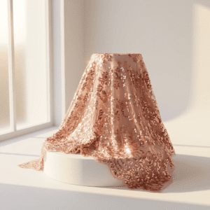 Rose Gold Sequined Lace Fabric on Display