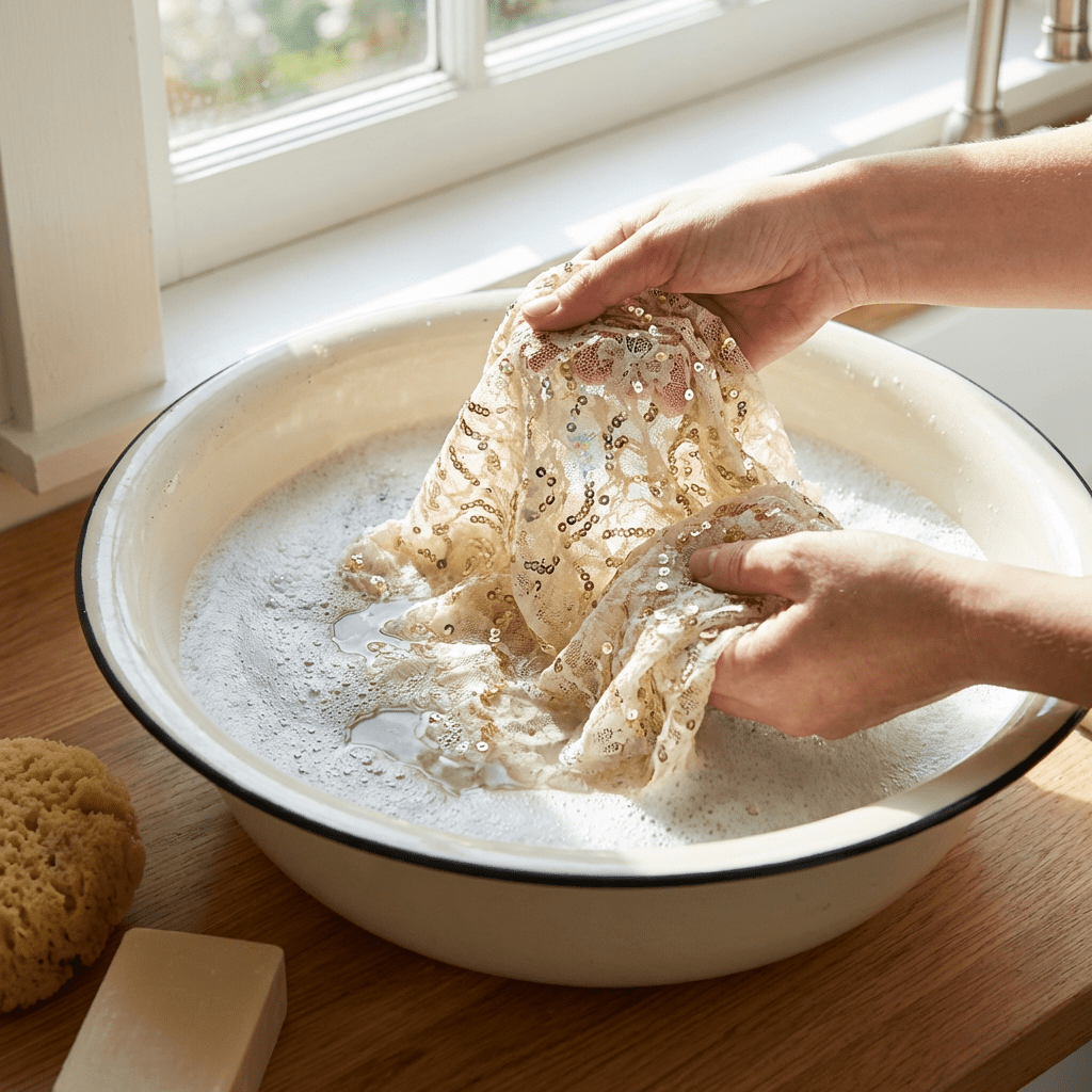 Hands gently washing a sequined lace garment in a basin of soapy water, demonstrating delicate care