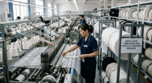 Professional production line of a bulk lace trim supplier specializing in high-end embroidery for U.S. fashion brands.