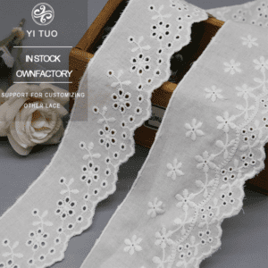 Hot Selling 100% Pure Cotton Eyelet Embroidery Floral Lace Trim Scalloped Edge Ribbon for Garments and Home Textiles