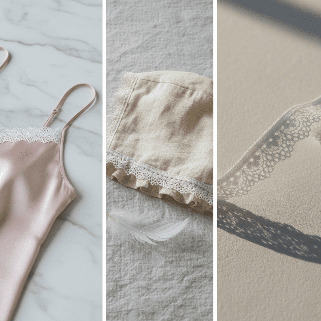 A delicate triptych showing a narrow elastic lace used as straps on a silk camisole and as a trim on a luxury baby bonnet.