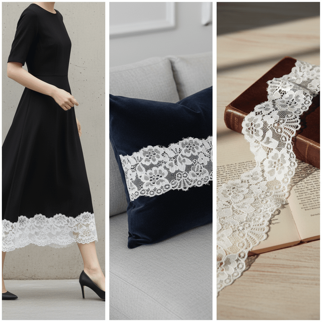 A minimalist triptych displaying a wide stretch lace used as an elegant hem extender on a black dress and as a trim on a velvet cushion.