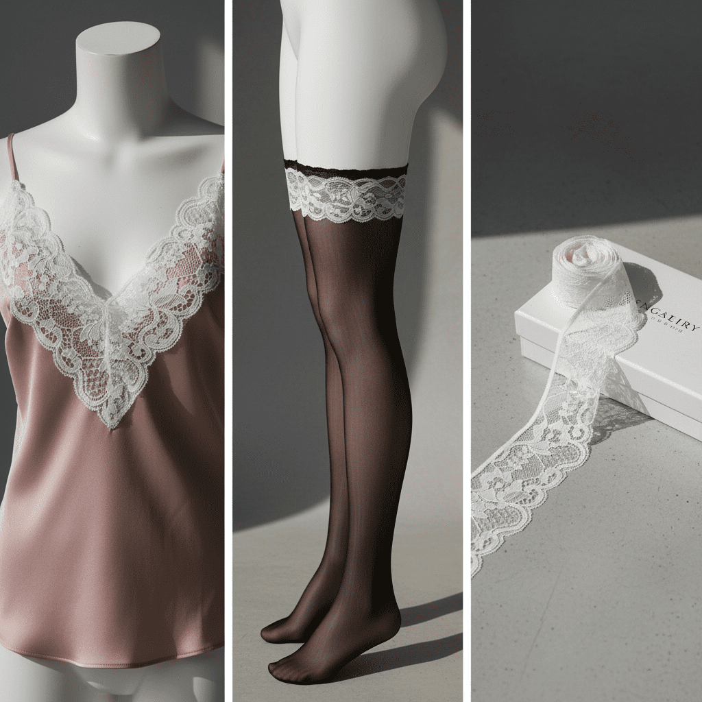 A luxury lookbook collage showing a scalloped stretch lace used as a trim on a silk camisole and as a top band on thigh-high stockings