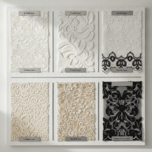 Comparison of Schiffli lace, guipure lace, corded lace, beaded lace, eyelet lace, and embroidered tulle trim