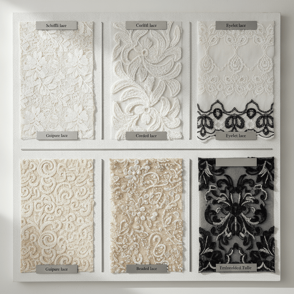 Comparison of Schiffli lace, guipure lace, corded lace, beaded lace, eyelet lace, and embroidered tulle trim