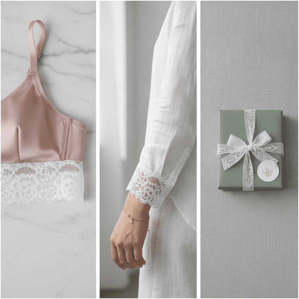 A lookbook collage showing white stretch lace trim used on a silk bra, as a blouse cuff, and tied on a gift box