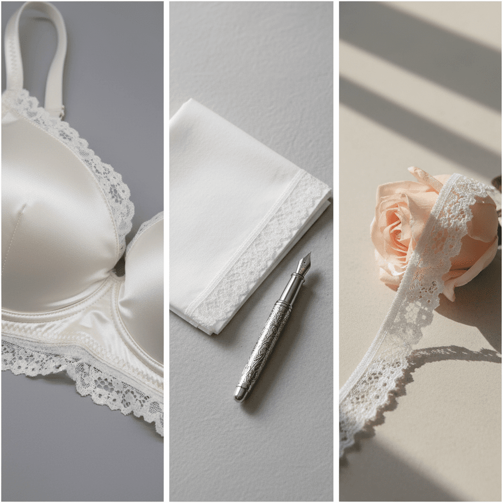 A high-end triptych showing a fine narrow elastic lace used as an edge trim on a satin bra cup and a classic cotton handkerchief