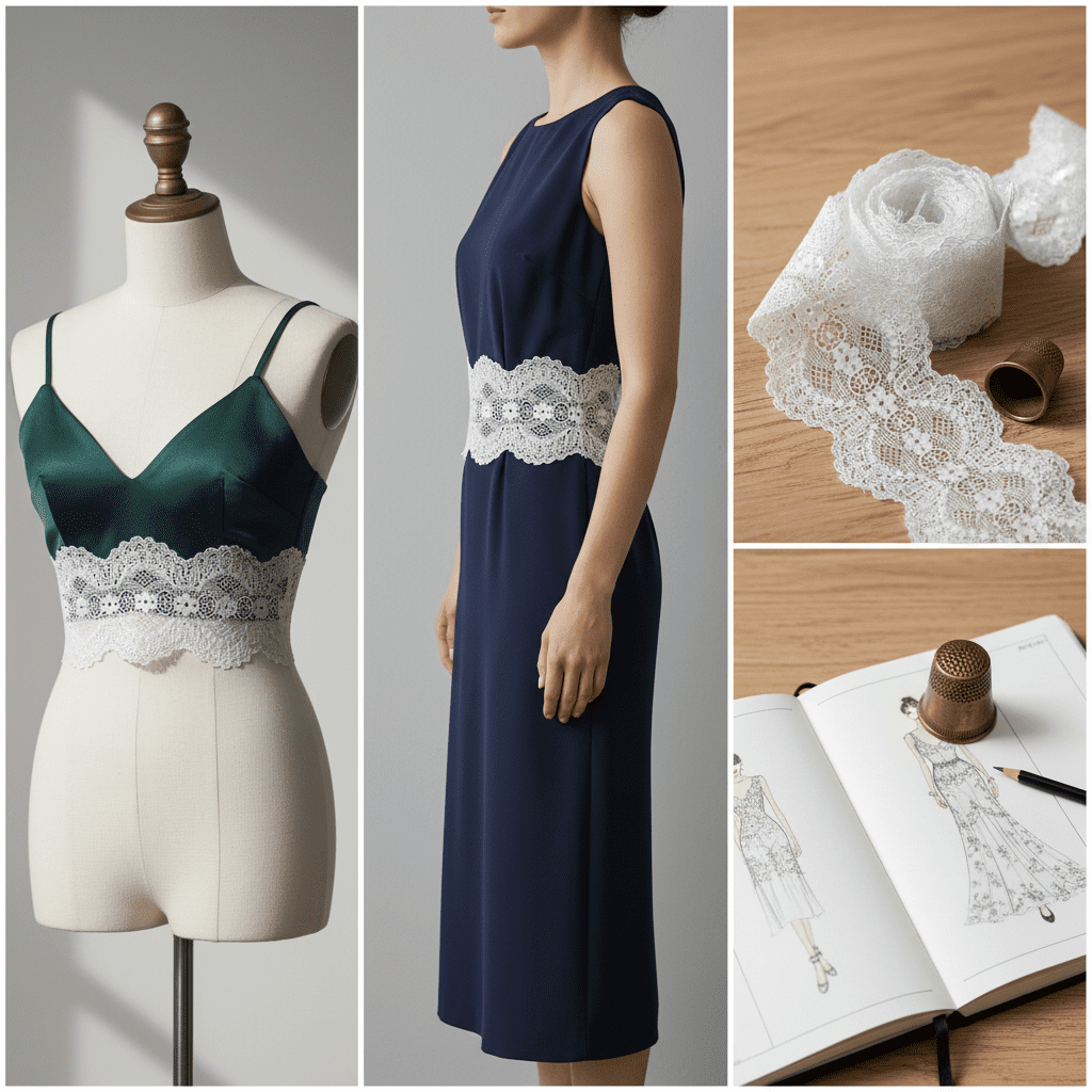 A lookbook collage showing a wide galloon lace used as a supportive band on a longline bralette and as a cinched waistband on a dress