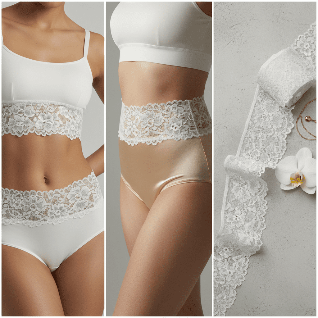 A luxury lookbook collage showing a white wide stretch lace used as the supportive band of a bralette and as a panel on a bodysuit