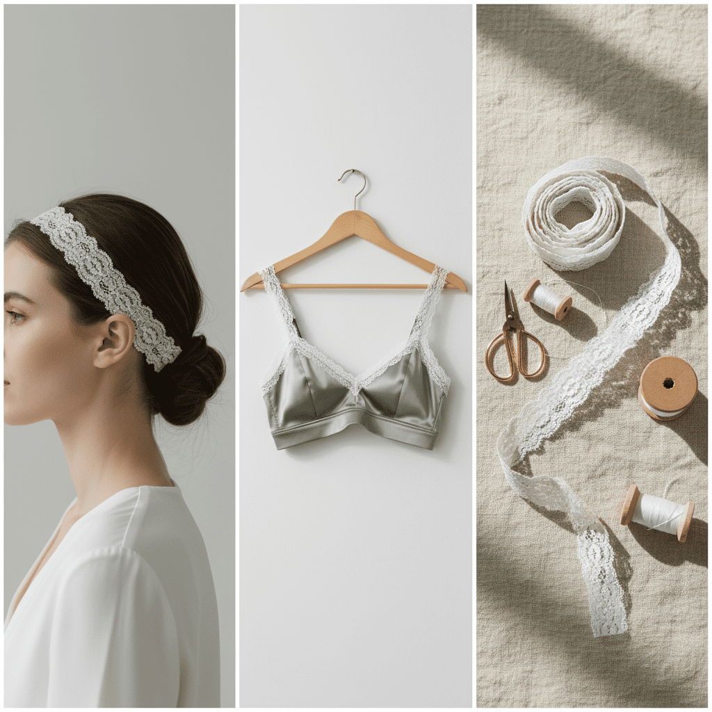 A high-fashion triptych collage showing a galloon stretch lace being used as a stylish headband and as straps on a delicate bralette.