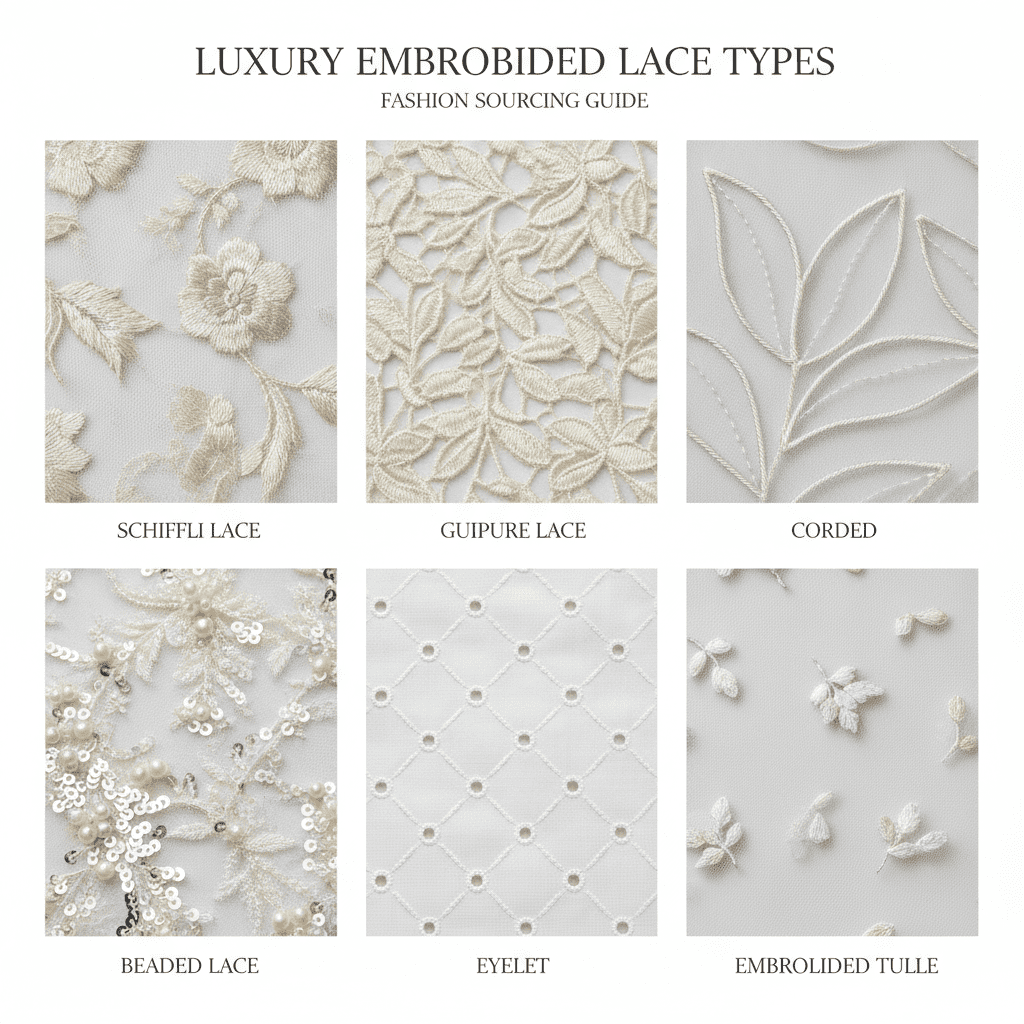 Visual differences between Schiffli, guipure, corded, beaded, eyelet and embroidered tulle lace