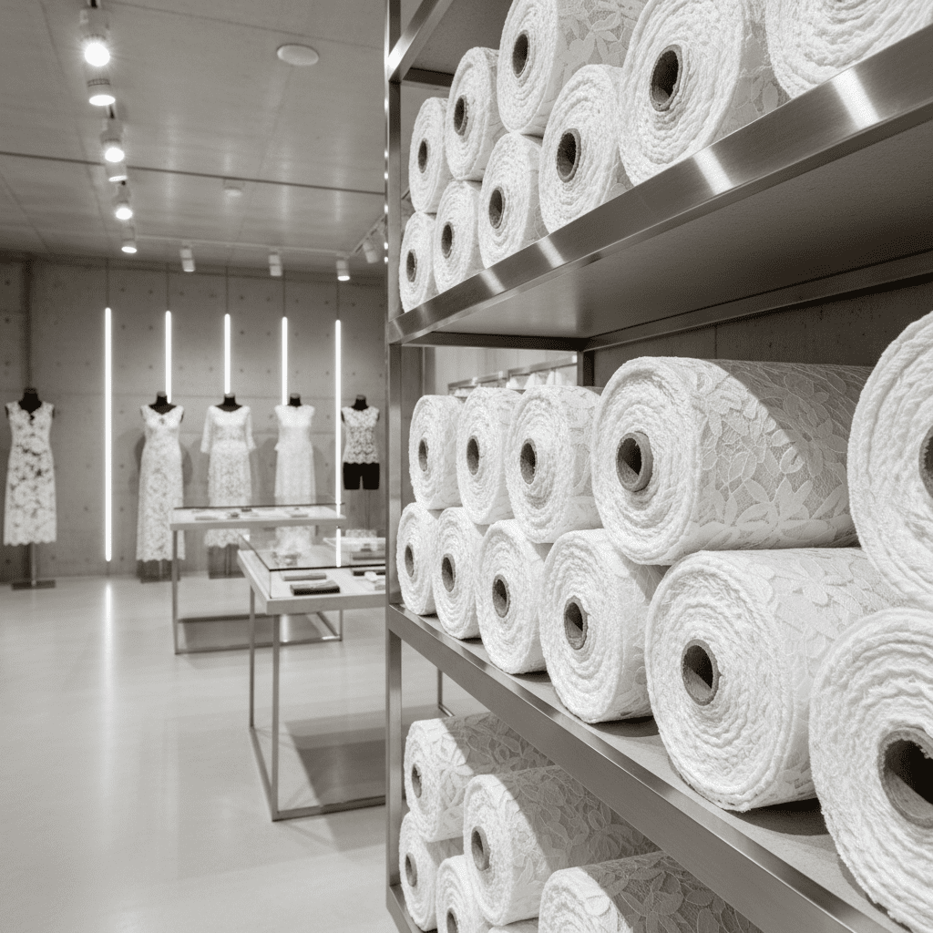 Premium rolls of white nylon spandex stretch lace fabric displayed in a well-lit textile showroom.