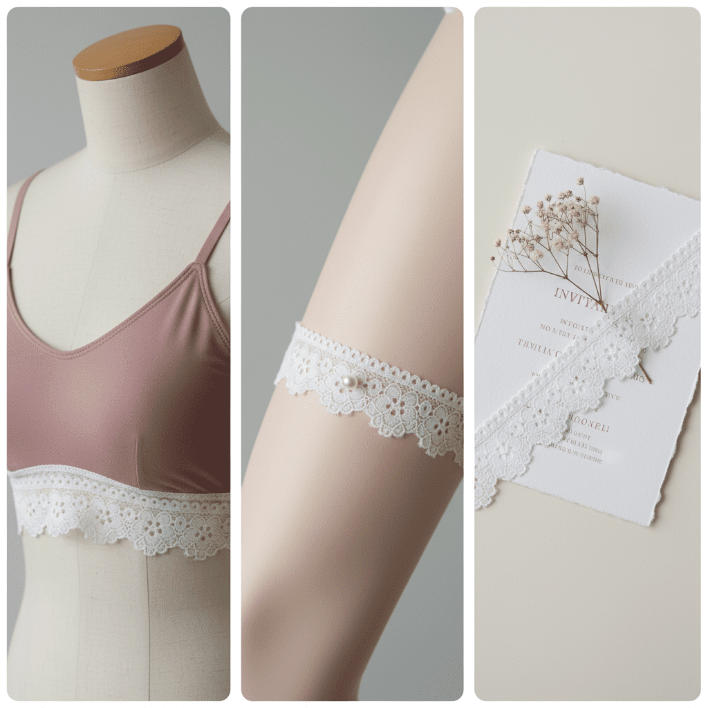 A lookbook collage showing a floral galloon stretch lace used as a bralette band and as an elegant bridal garter.