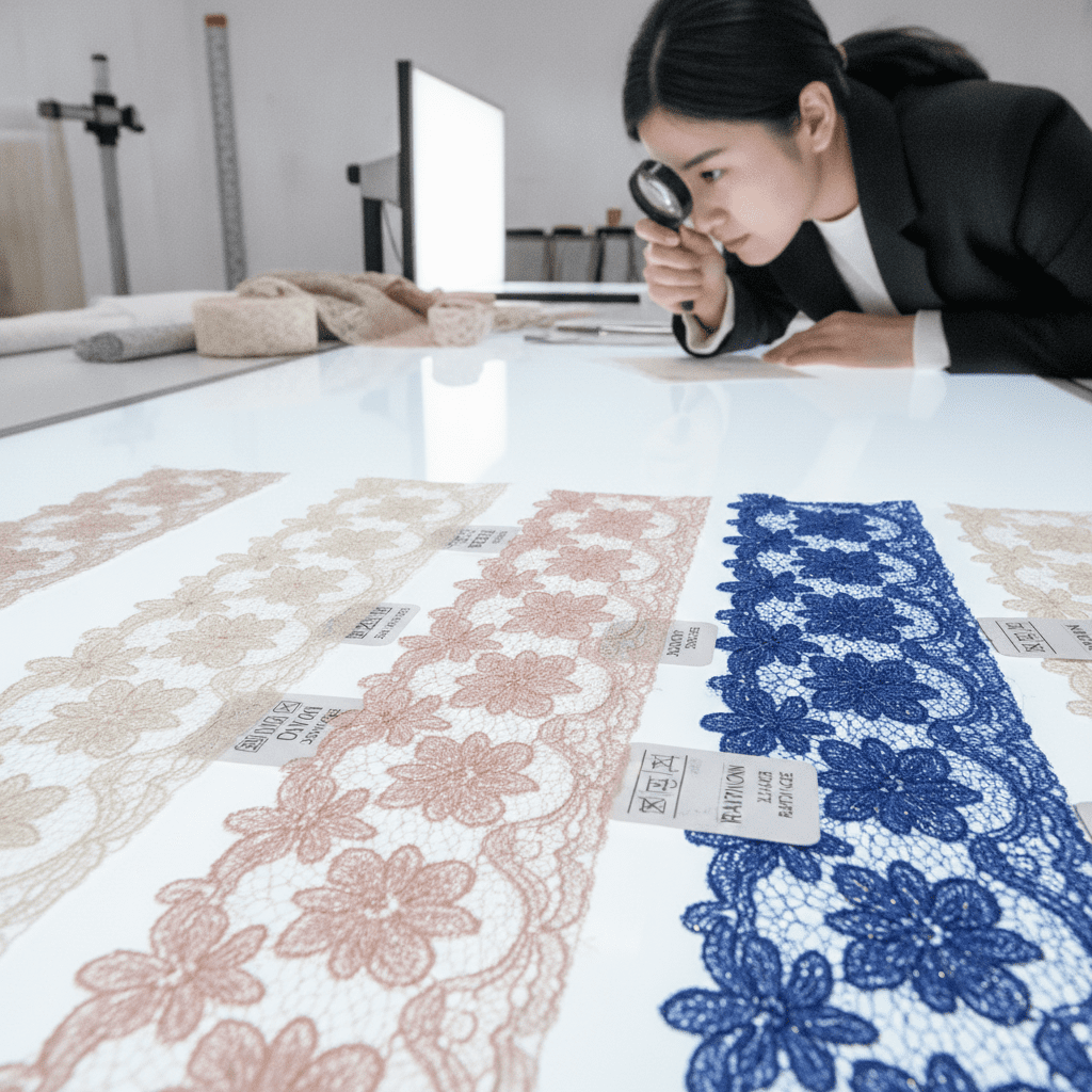Inspection points for embroidered lace trim including stitch density edge quality and fabric construction