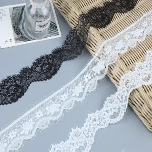 High-quality Fancy Ladies French lace trim featuring delicate eyelash tulle Chantilly pattern, made of 90% nylon and 10% spandex, perfect for dressmaking.
