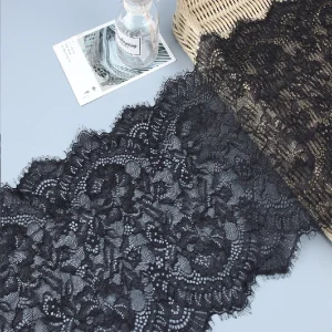 High-quality stretchy eyelash lace trim in nylon and spandex blend, newest design ideal for enhancing garment aesthetics.