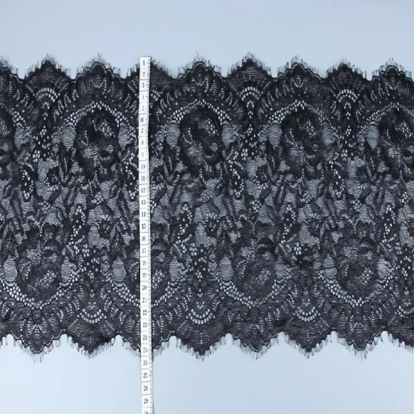 Soft and flexible eyelash French lace trim composed of nylon and spandex, newest design perfect for garment embellishment.