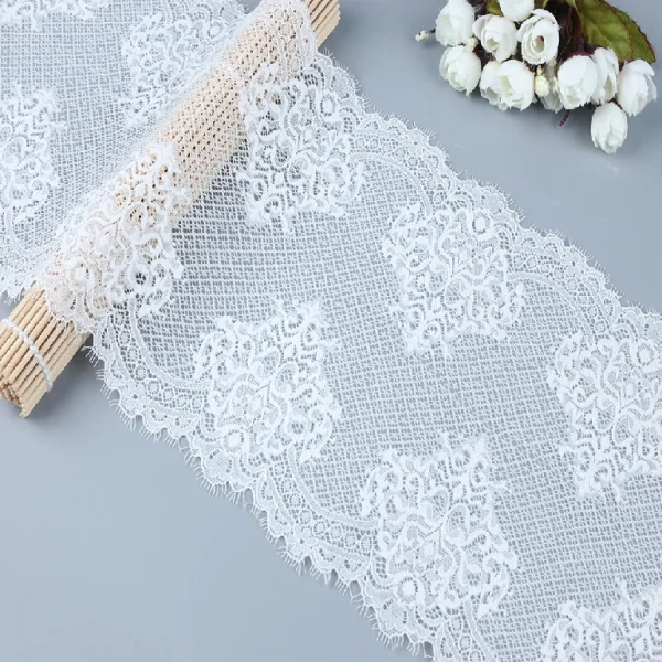 New arrival eyelash French lace trim with 90% nylon and 10% spandex, designed for fashionable and elegant clothing projects.