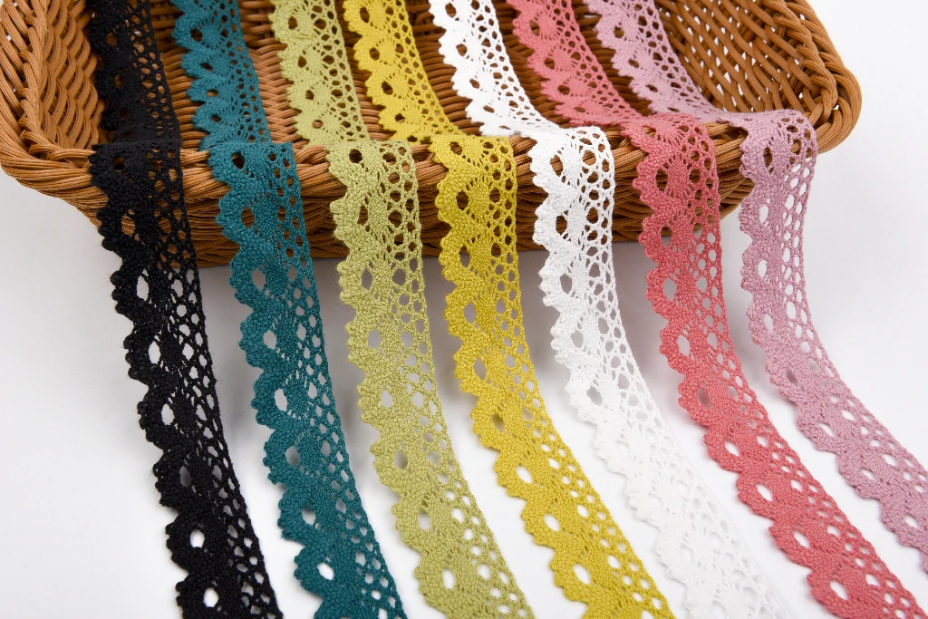 Soft cotton thread lace edging featuring yellow, cream, and pink shades for decoration