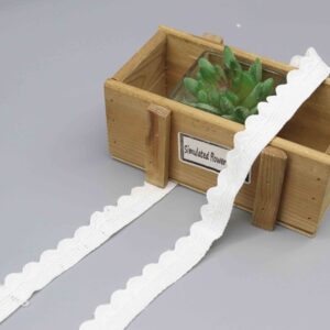 High-resolution image of clean white 2cm scalloped polyester lace trim, showcasing its soft, lightweight fabric and flowing wave-shaped edges with precise lines; perfect for adding refined detail to clothing hems, borders, and various DIY craft embellishments.