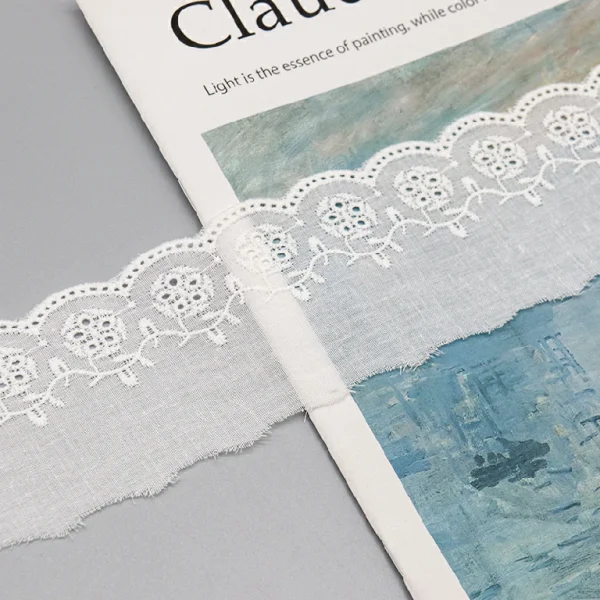 High-quality premium cotton embroidered lace trim available for wholesale bulk orders, perfect for fashion, bridal dresses, and home decoration.