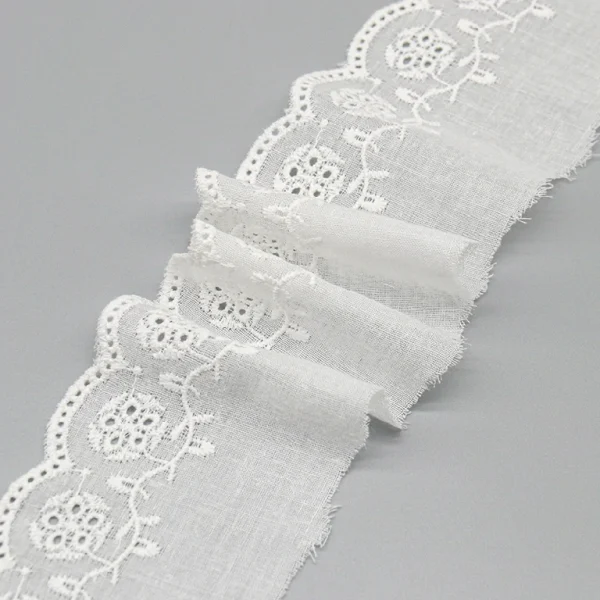Wholesale premium cotton embroidered lace trims featuring elegant patterns, factory custom design support for fashion and bridal accessories.