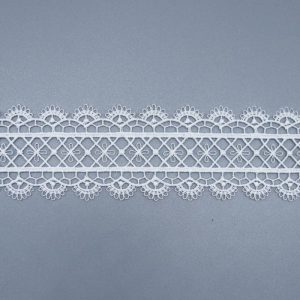 White water soluble lace trim featuring detailed scalloped edges and geometric design, ideal for delicate garment embellishments and sewing projects.