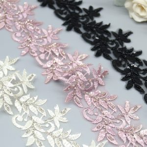 Gold, white, and light blue beaded embroidered lace trims displayed side by side, offering versatile options for various uses.