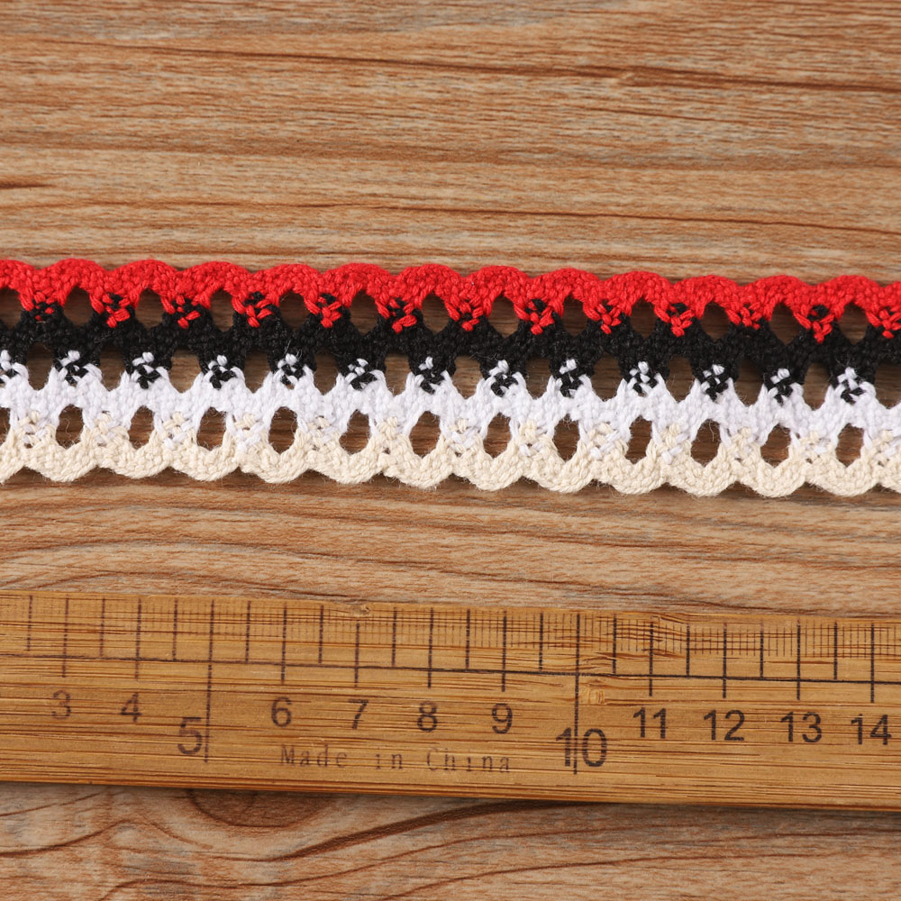 Black and red cotton eyelet lace trim shown with alternating colors and intricate holes, designed for unique border effects on shirts and skirts.