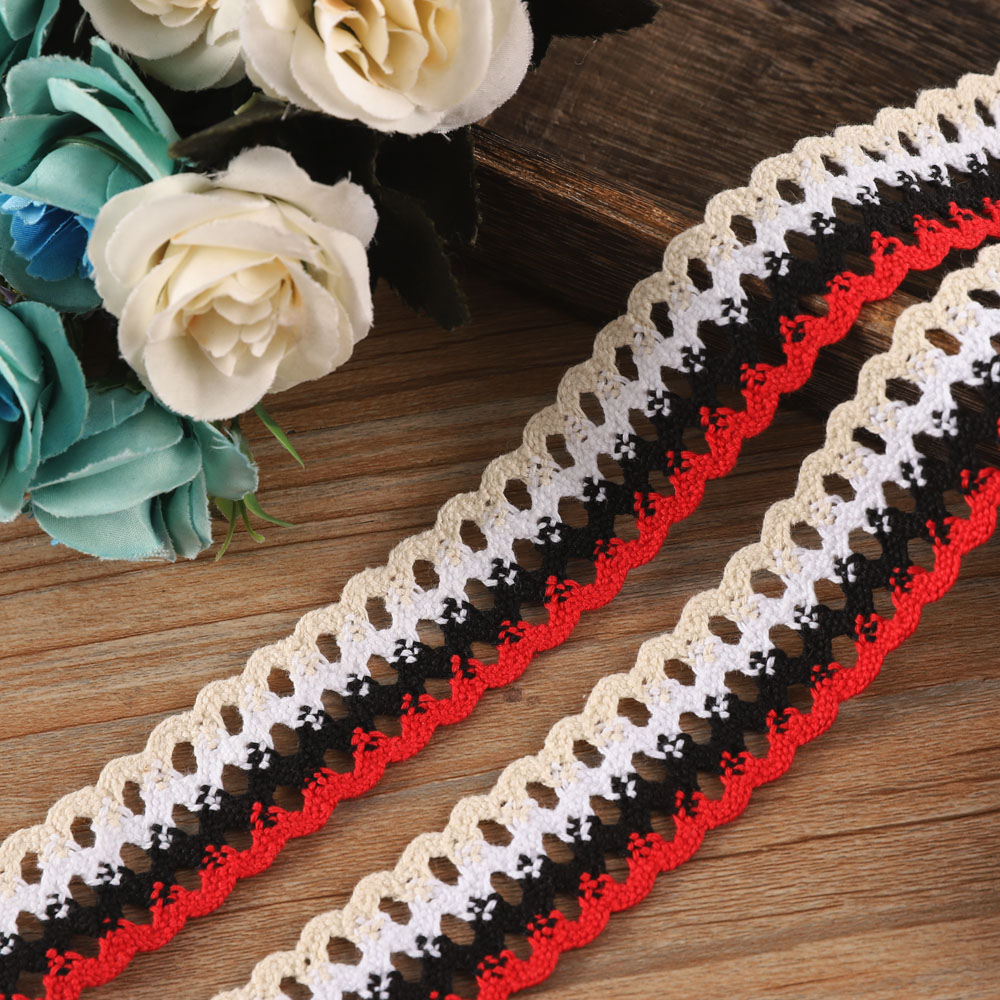 Bright red cotton eyelet lace with delicate floral embroidery and openwork pattern, ideal for adding striking detail to dresses and DIY crafts.