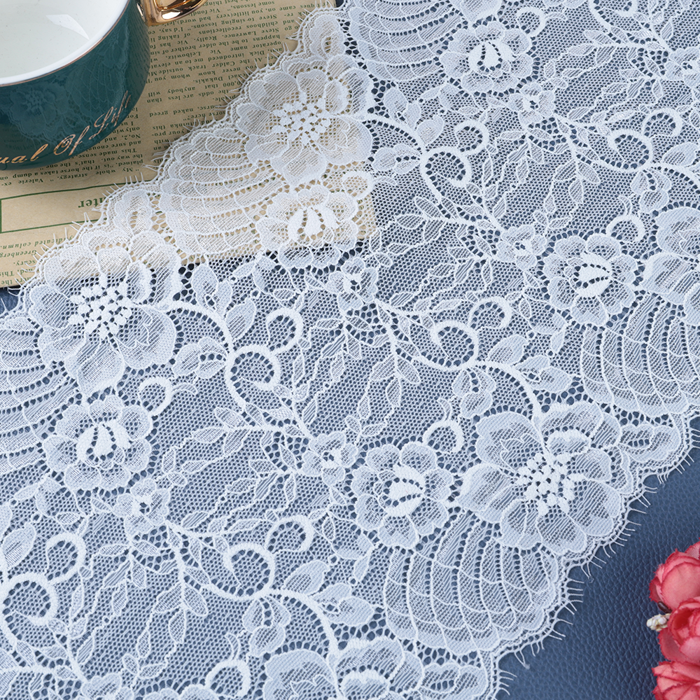 Close-up of polyester–cotton vintage lace trim featuring classic floral motifs and soft scalloped edges, ideal for dressmaking and apparel accents.
