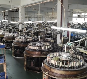 Overview of a large cotton thread lace production facility staffed by skilled workers and equipped with modern machinery.