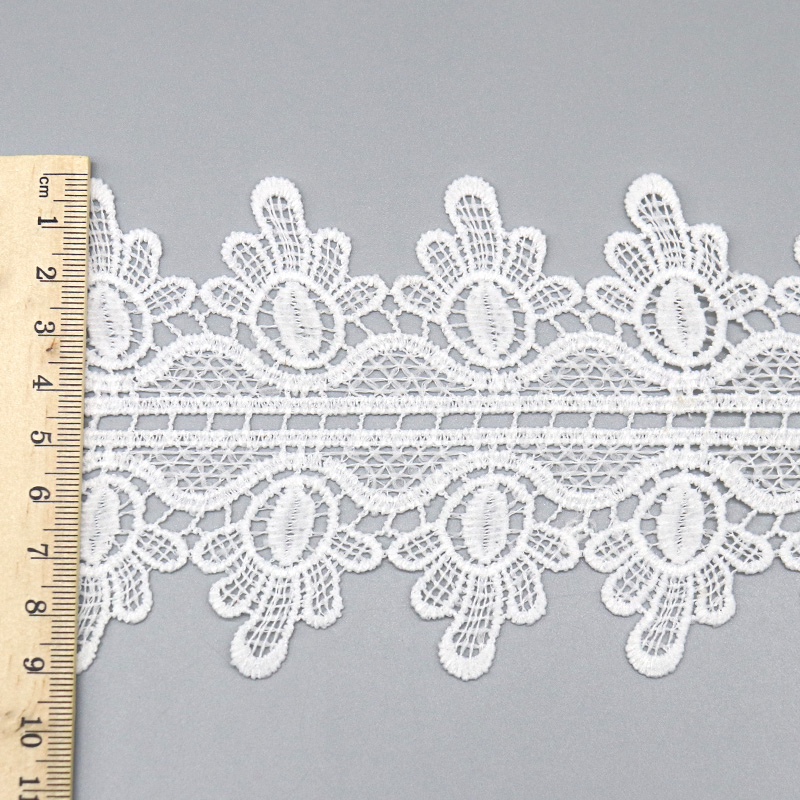 Product lineup highlighting sheer water soluble lace versus deeper corded texture of chemical lace trims.