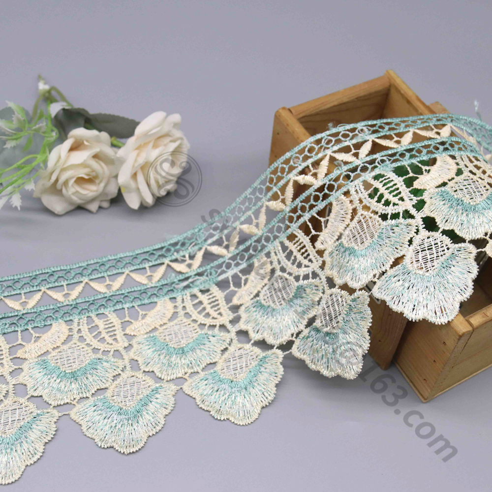 Embroidered water soluble lace trim compared to eyelet fabric panels, providing flexible styling for designer dresses and couture pieces.