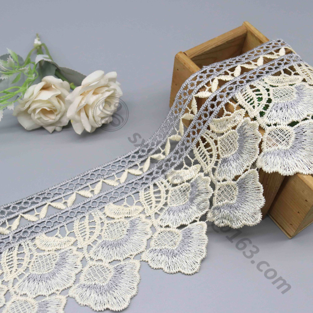 Contrasting white embroidery water soluble lace with classic eyelet water soluble fabric, highlighting elegant solutions for designer apparel OEMs.