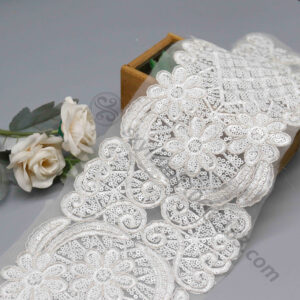 Luxurious white beaded lace trim sparkling with sequins, sized at 14cm, designed for premium bridal wear and creative craft embellishments.