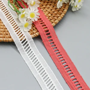Front-facing shot of Ladder Stripe Openwork Cotton Embroidery Lace Trim, showing the geometric diagonal bar pattern and matte cotton texture clearly.