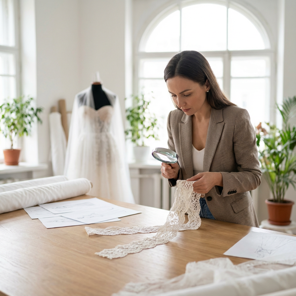 Bridal designer examining wholesale lace trim samples