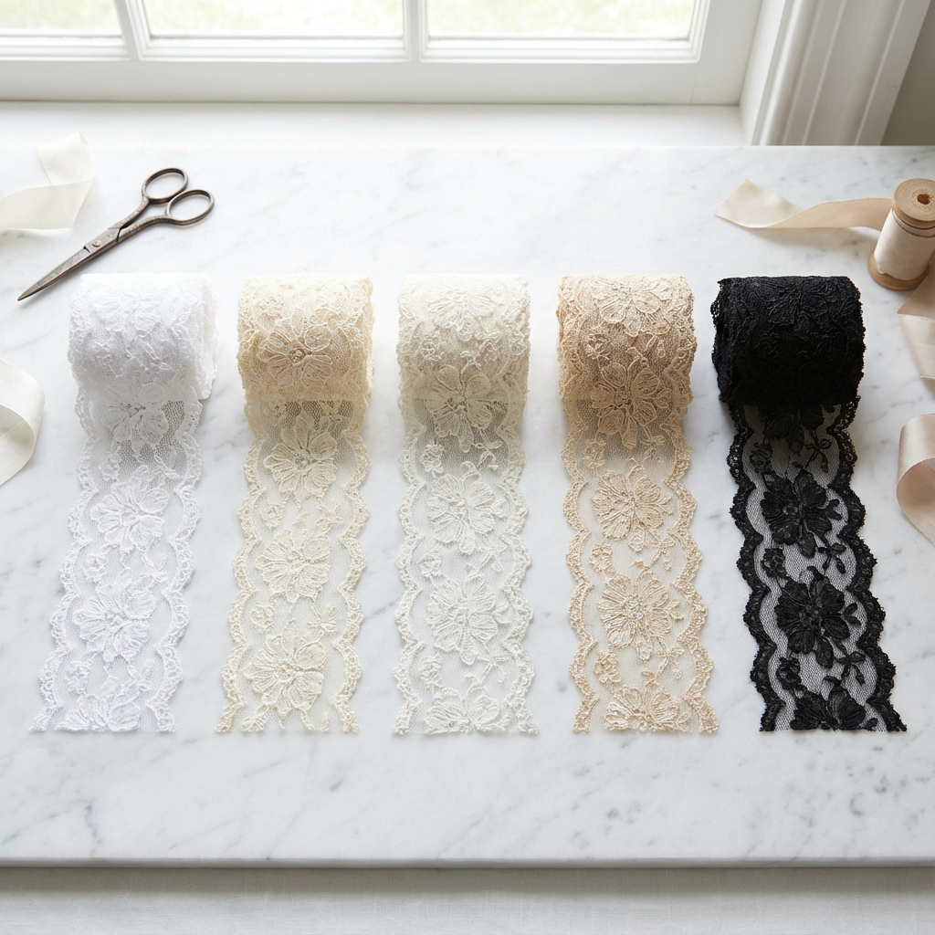 Bridal lace trim samples in ivory, white, off-white, champagne, and black