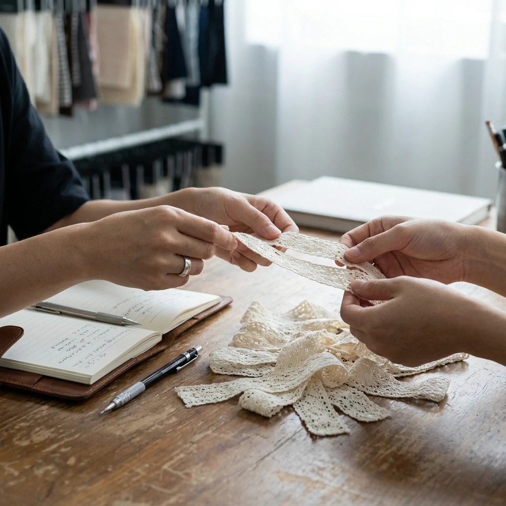 Buyer examining lace trim samples for quality