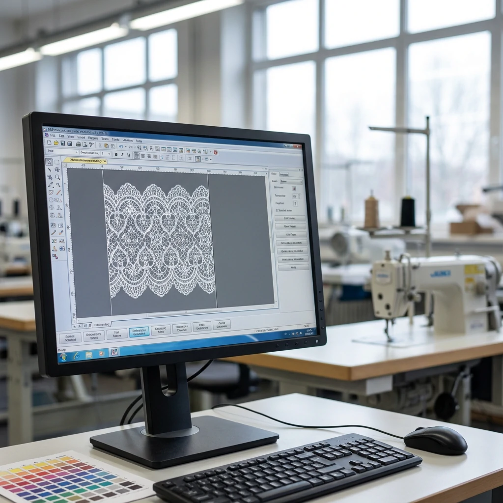 Chemical lace pattern design displayed on CAD software screen in factory setting