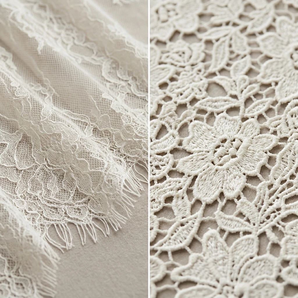 Close-up comparison of eyelash lace and guipure lace