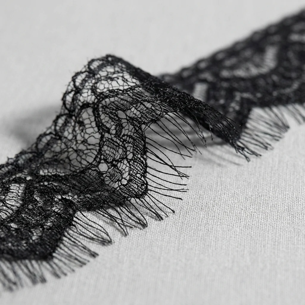 Close-up of black eyelash lace trim showing delicate fringe edge