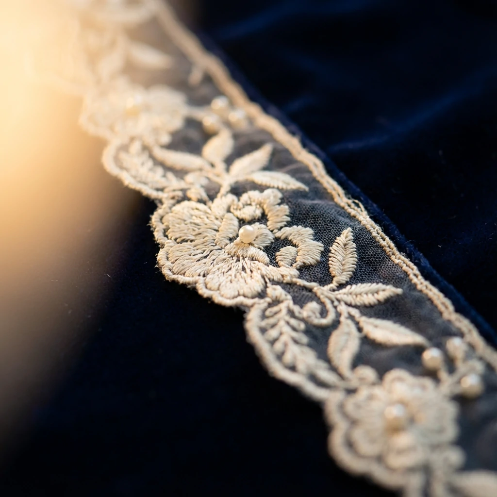 Close up of luxurious white lace trim with intricate floral pattern on dark velvet background